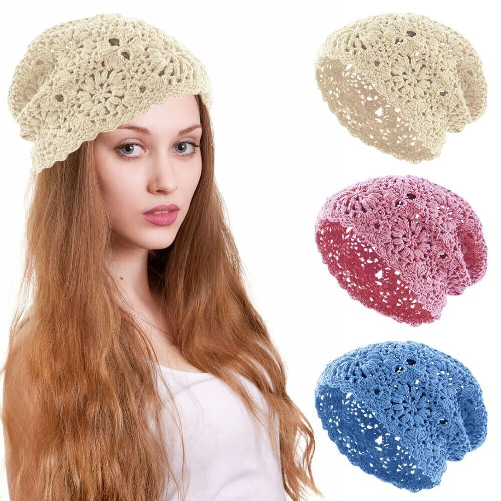 4663 Cotton Crochet Hat Handmade Knit Floral Slouchy Beanie Hat Knitted